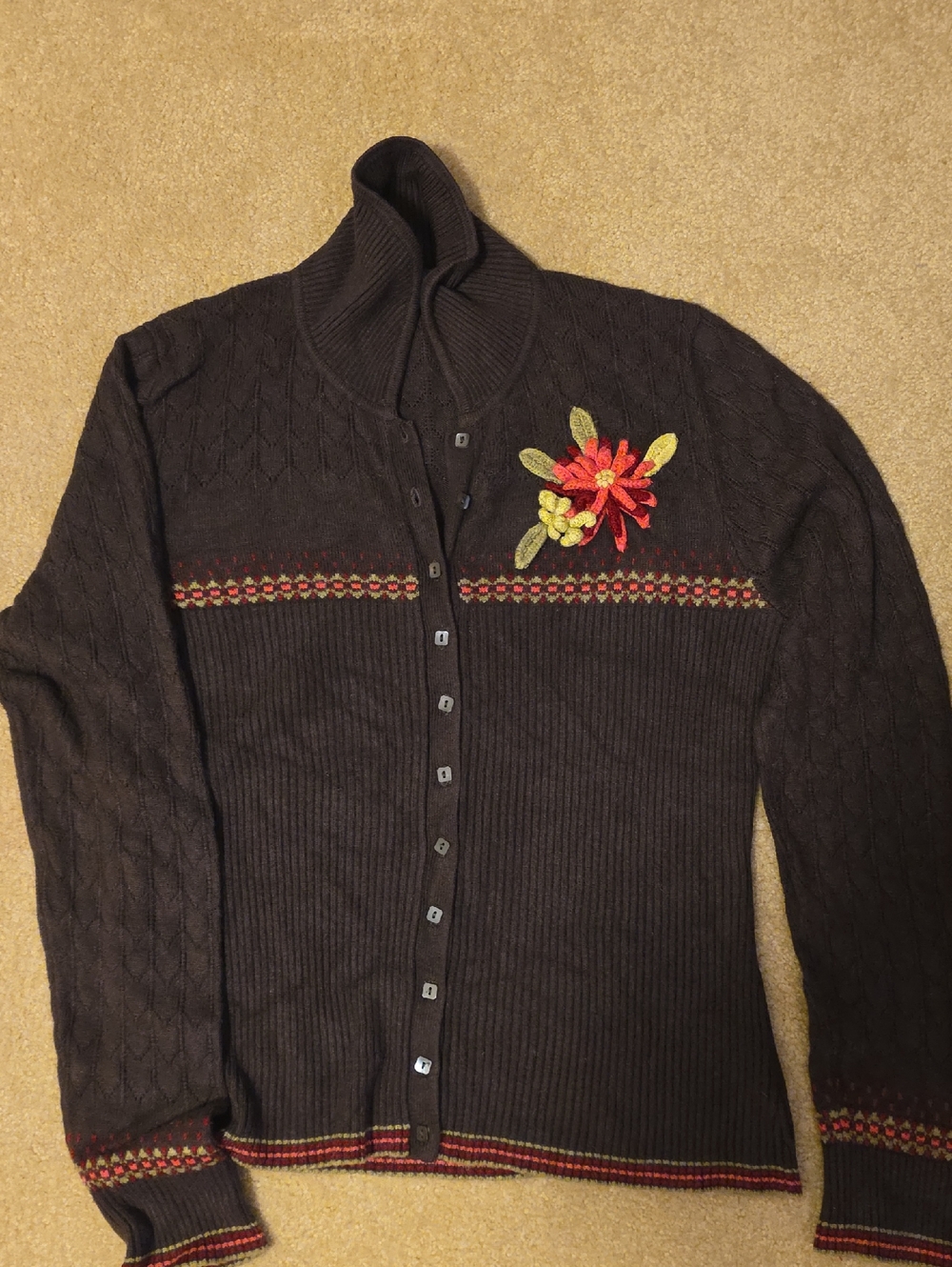 Liz Claiborne Dark Brown Button-Front Cardigan with Pin & Green Floral Detail